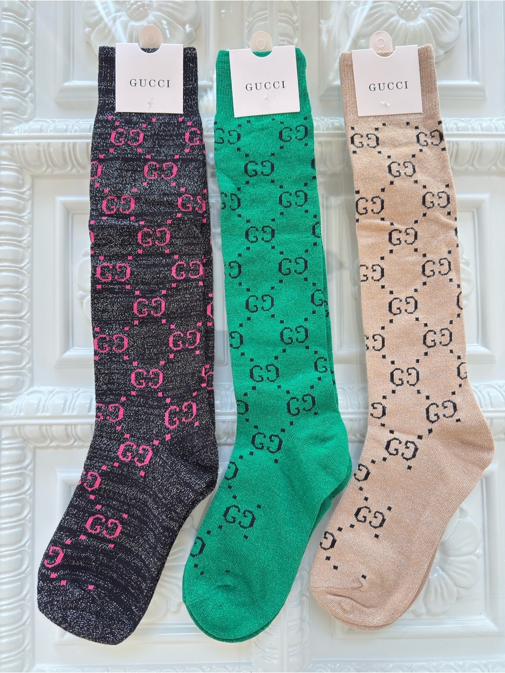 Luxe Logo Crew Socks- Black, Beige, Green